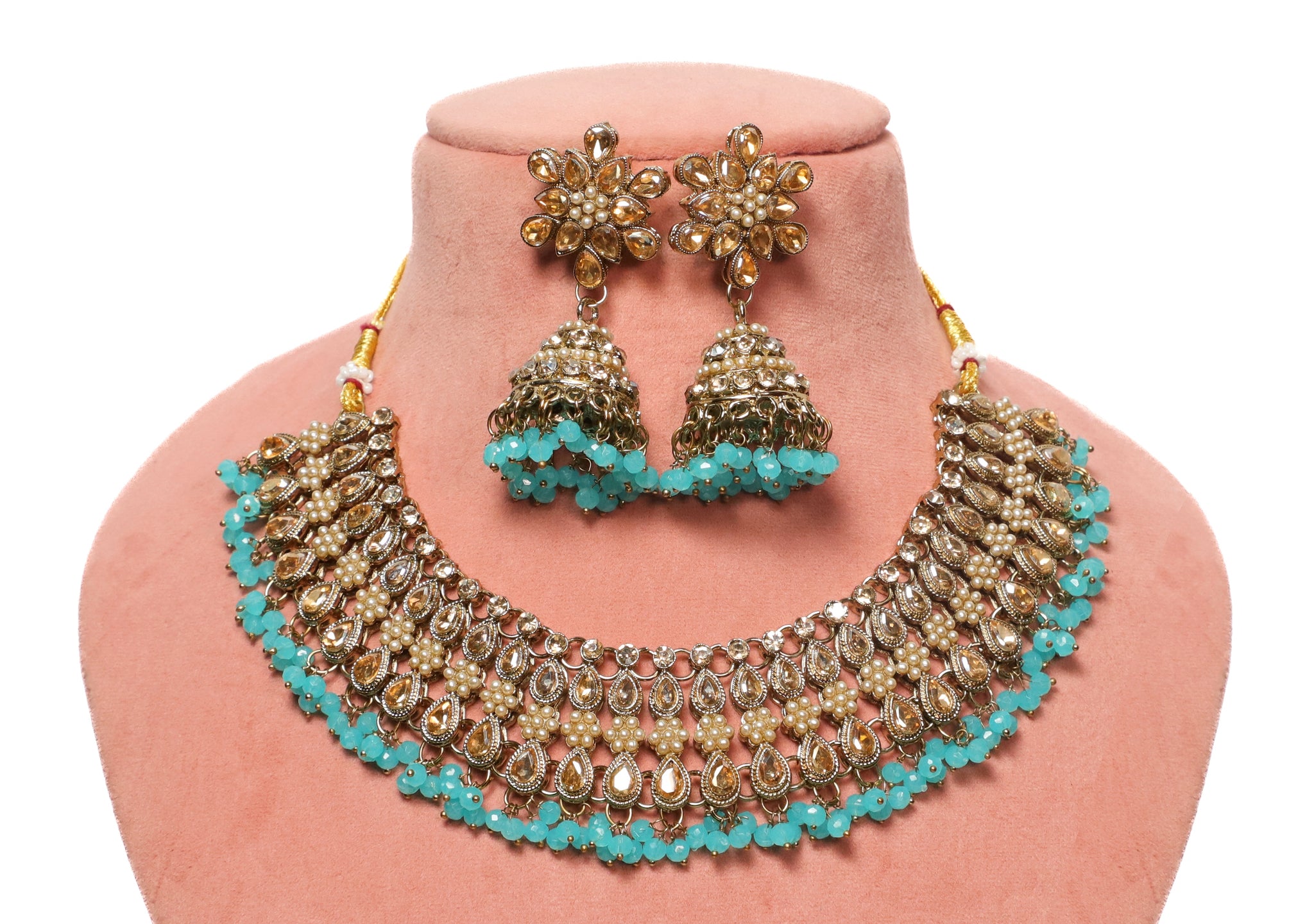 Turquoise Indira Jadau Jewellery Set with Mangtika