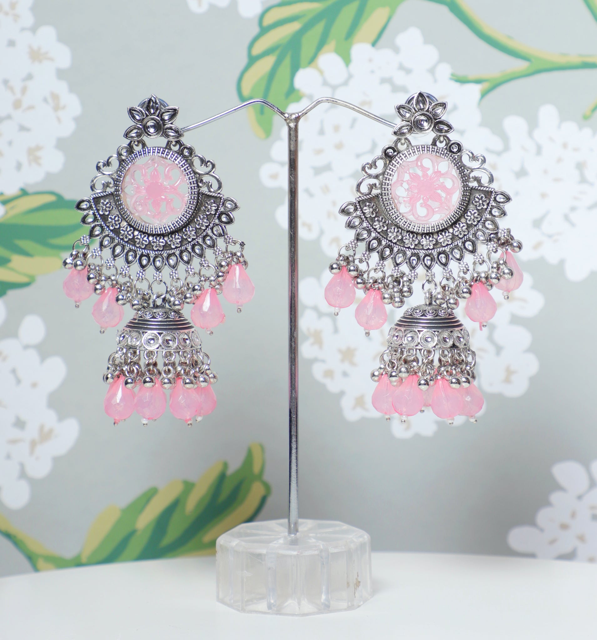 Pink Vaidehi Silver Jhumkas