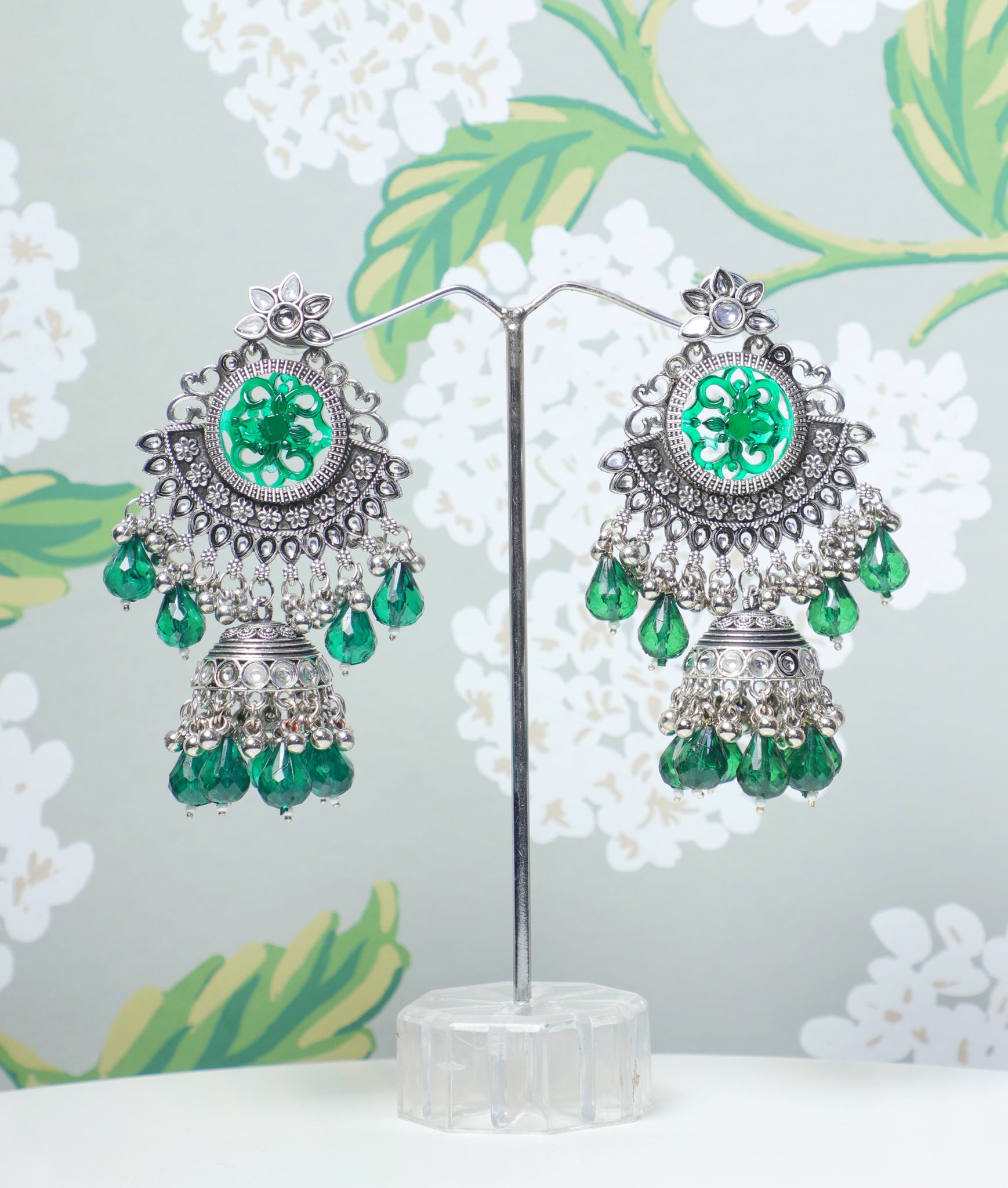 Green Vaidehi Silver Jhumkas