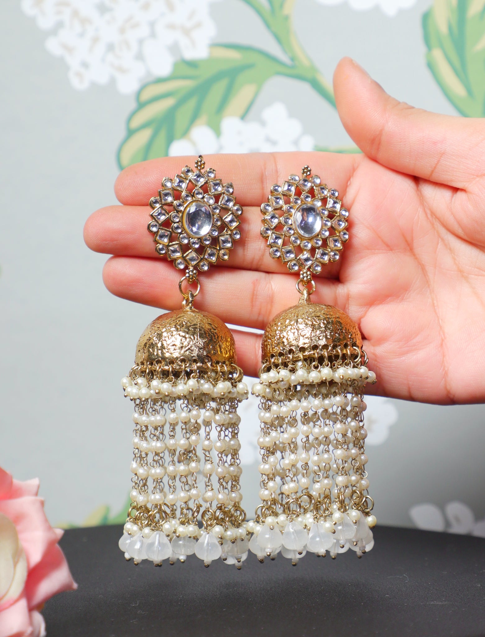 White Kanika Gold Tassel Jhumkas