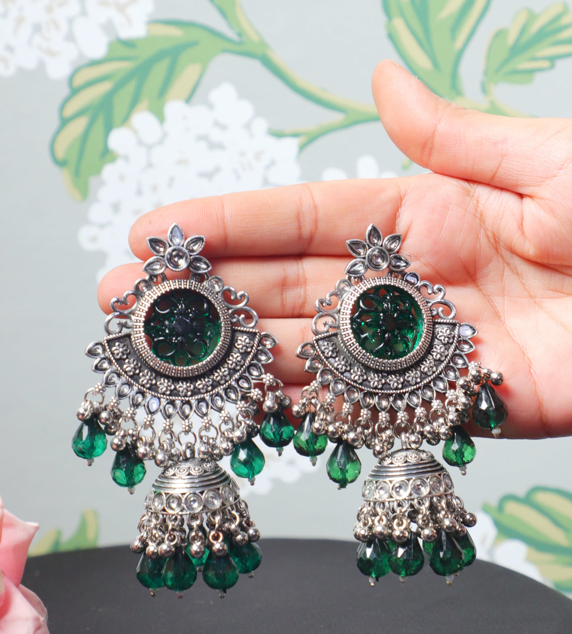 Green Vaidehi Silver Jhumkas