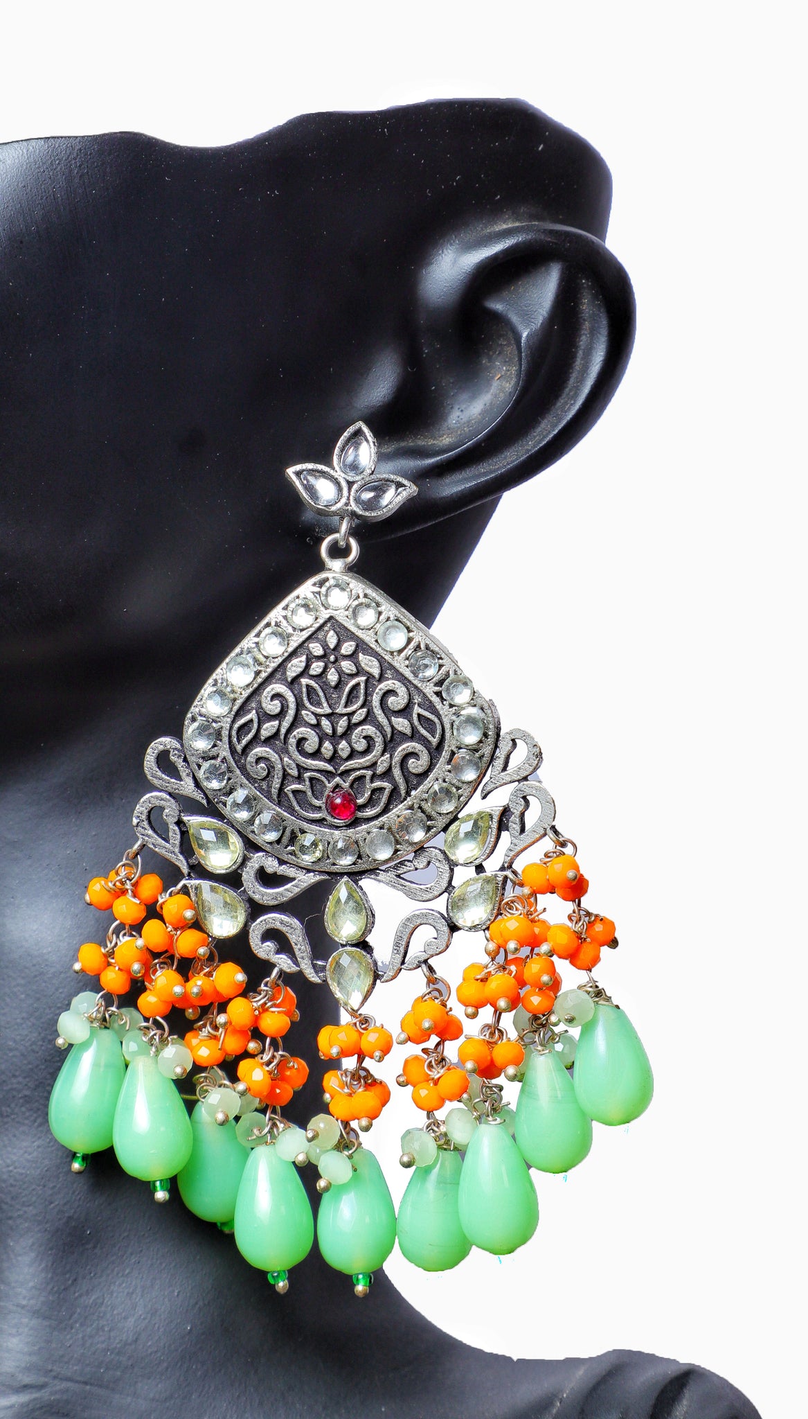Green Maya Brass Earrings and Mangtika Set