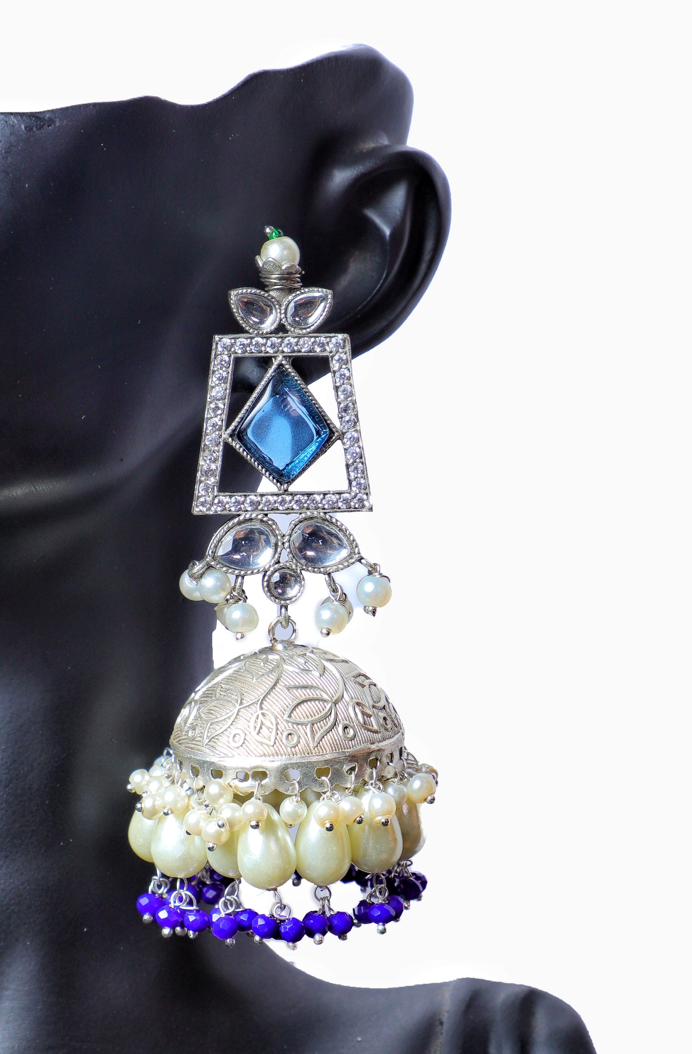 Sapphire Blue Lakshmi AD Brass Jhumkas