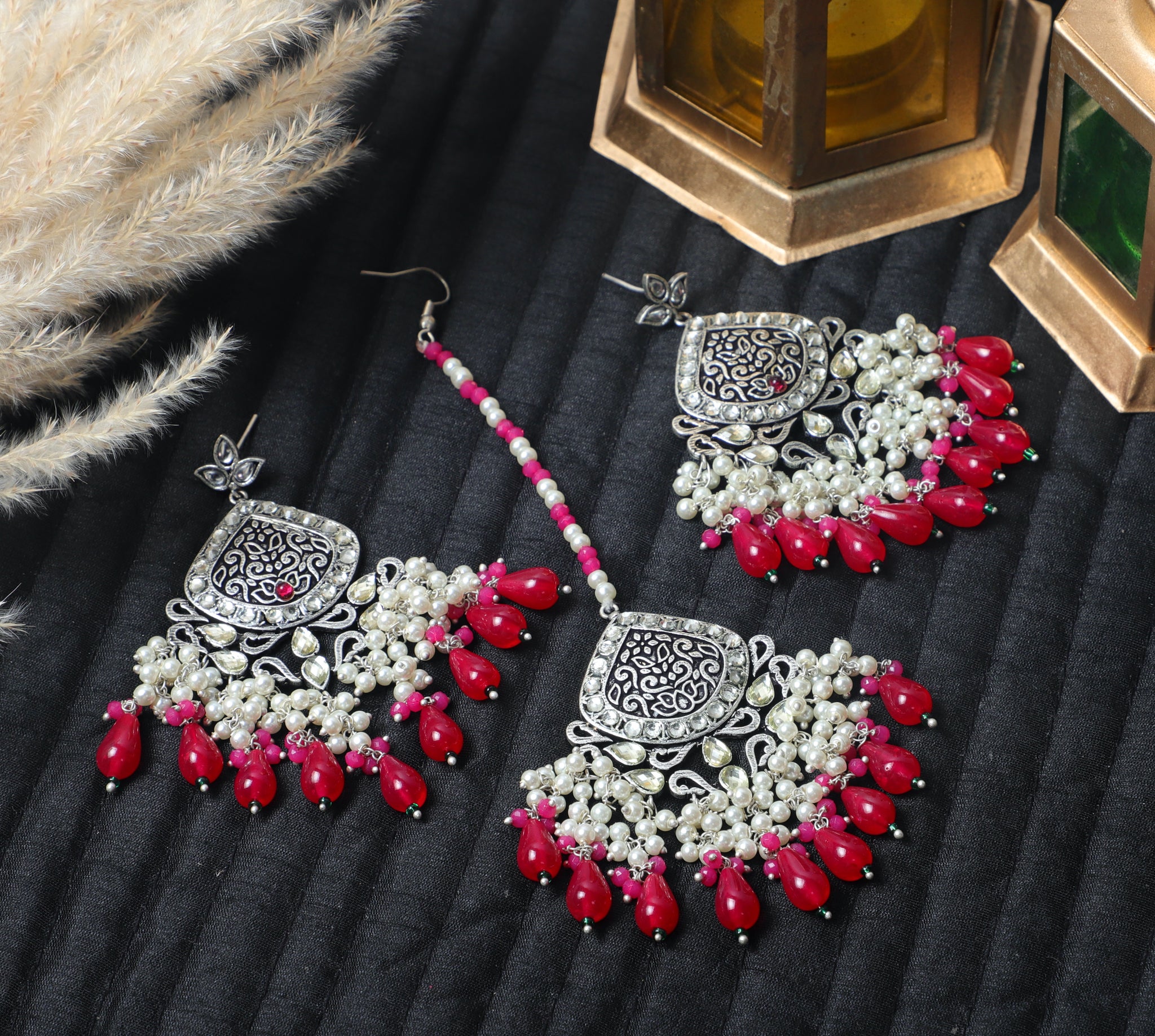 Pink Maya Brass Earrings and Mangtika Set