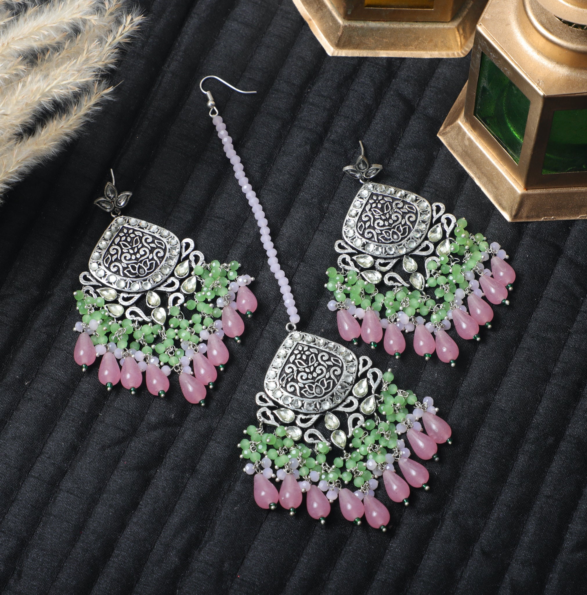 Lavendar Mimi Brass Earrings and Mangtika Set