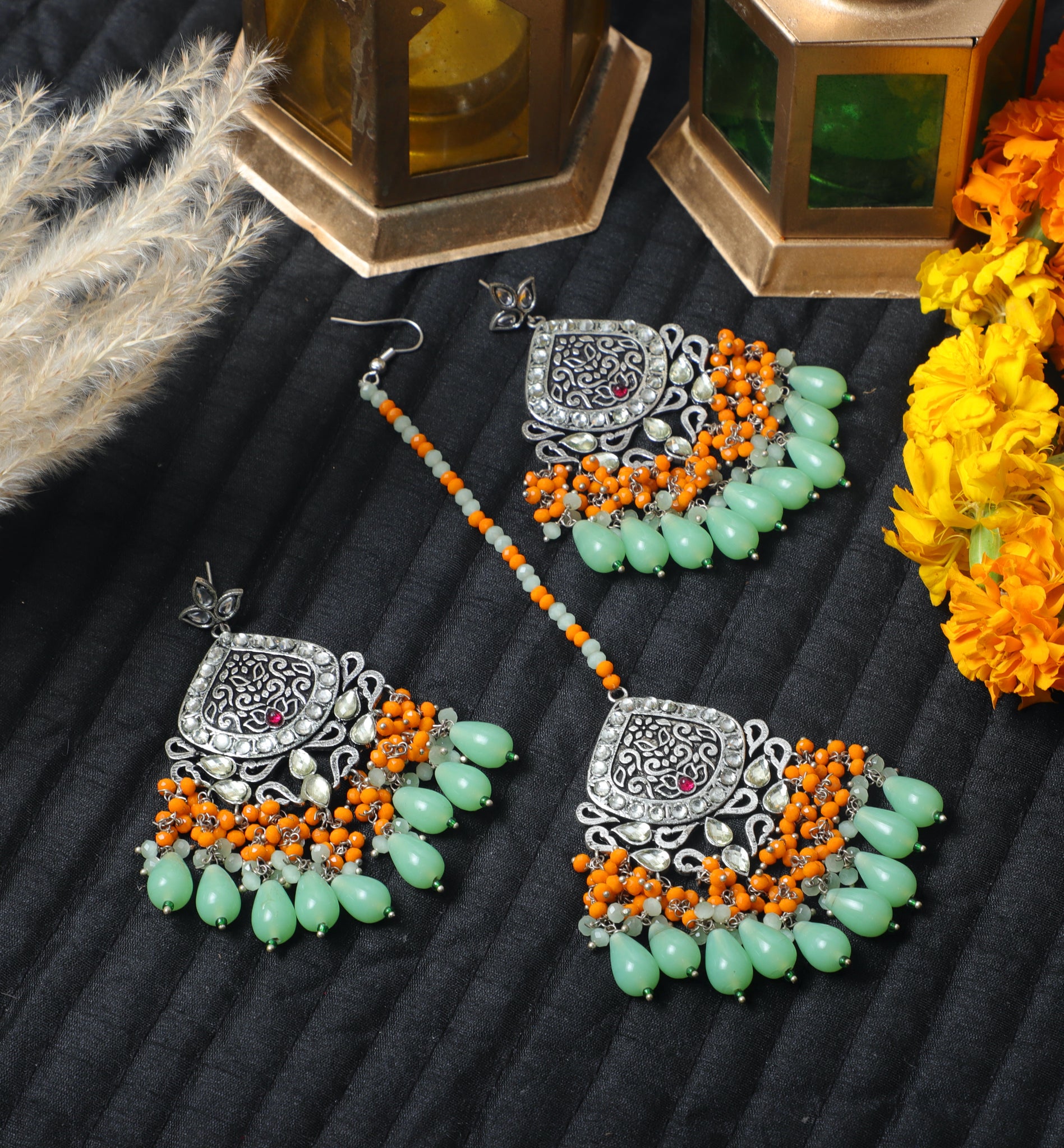 Green Maya Brass Earrings and Mangtika Set