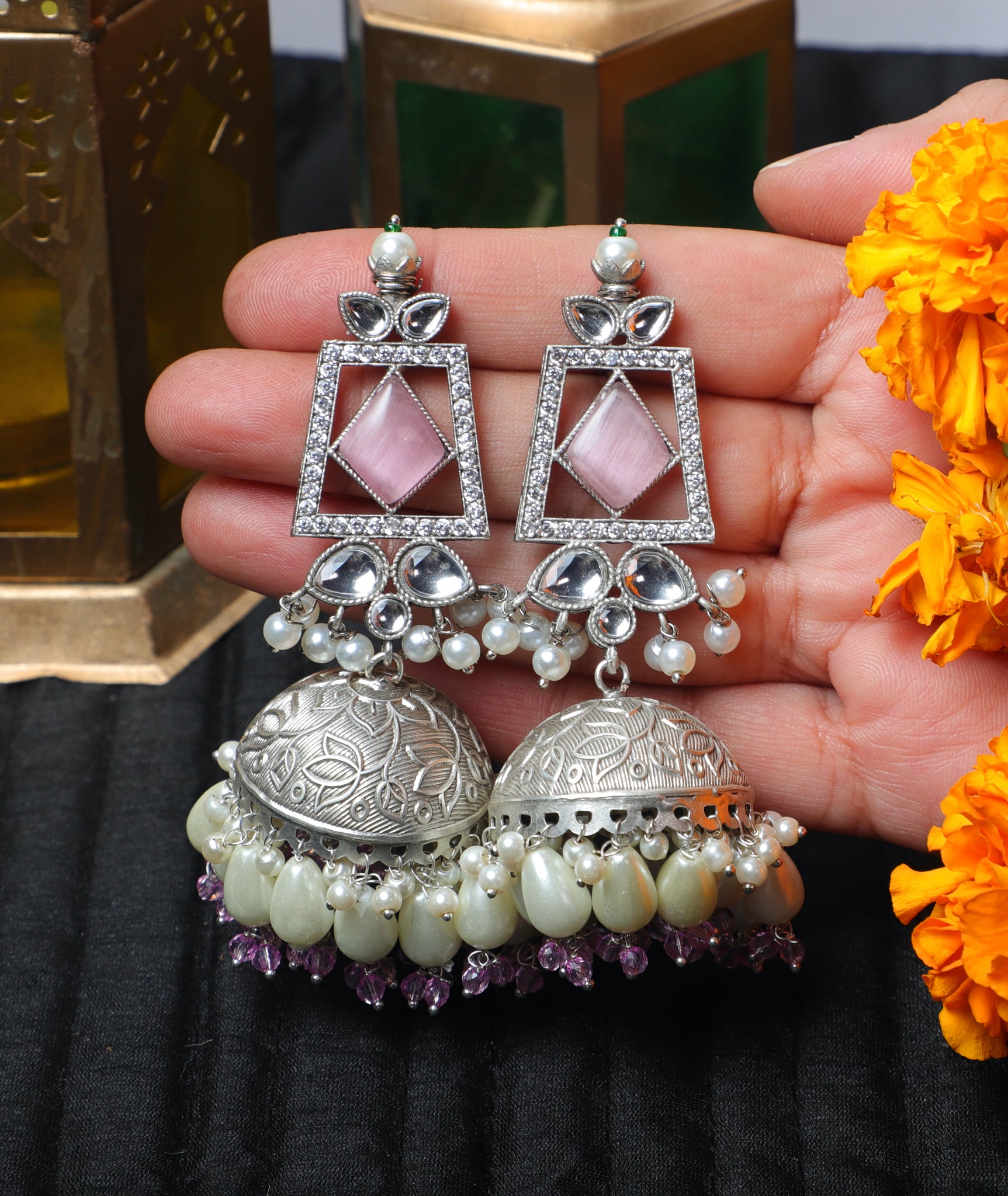 Pink Amaira AD Brass Jhumkas