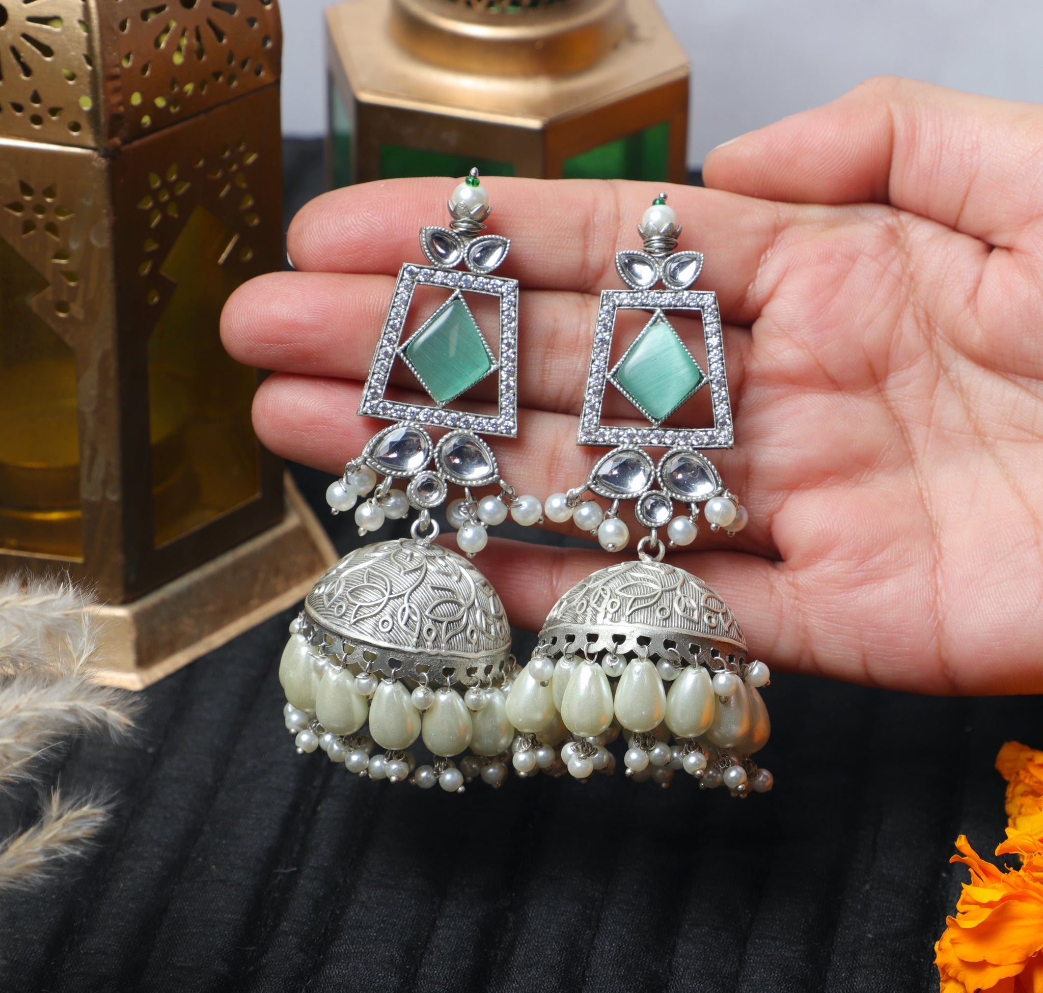 Green Amaira AD Brass Jhumkas