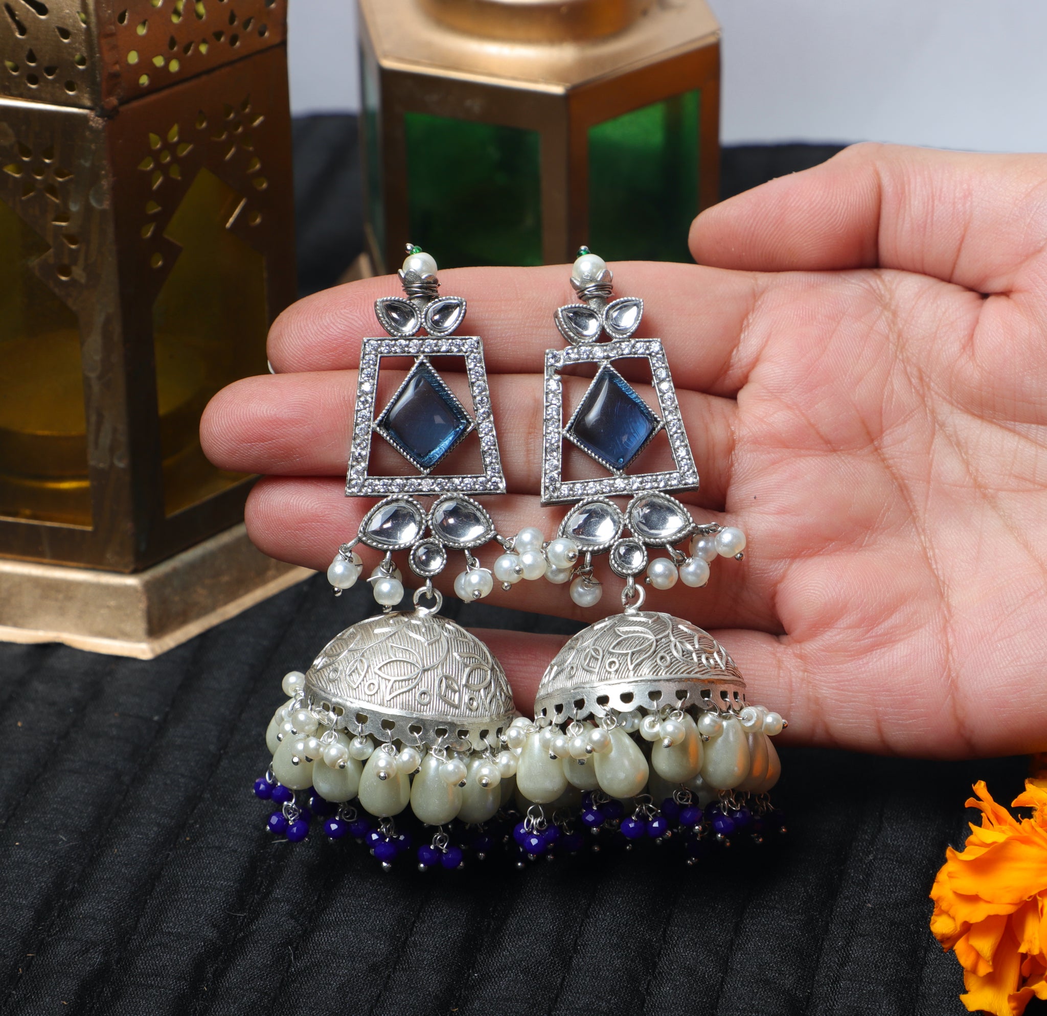 Sapphire Blue Lakshmi AD Brass Jhumkas