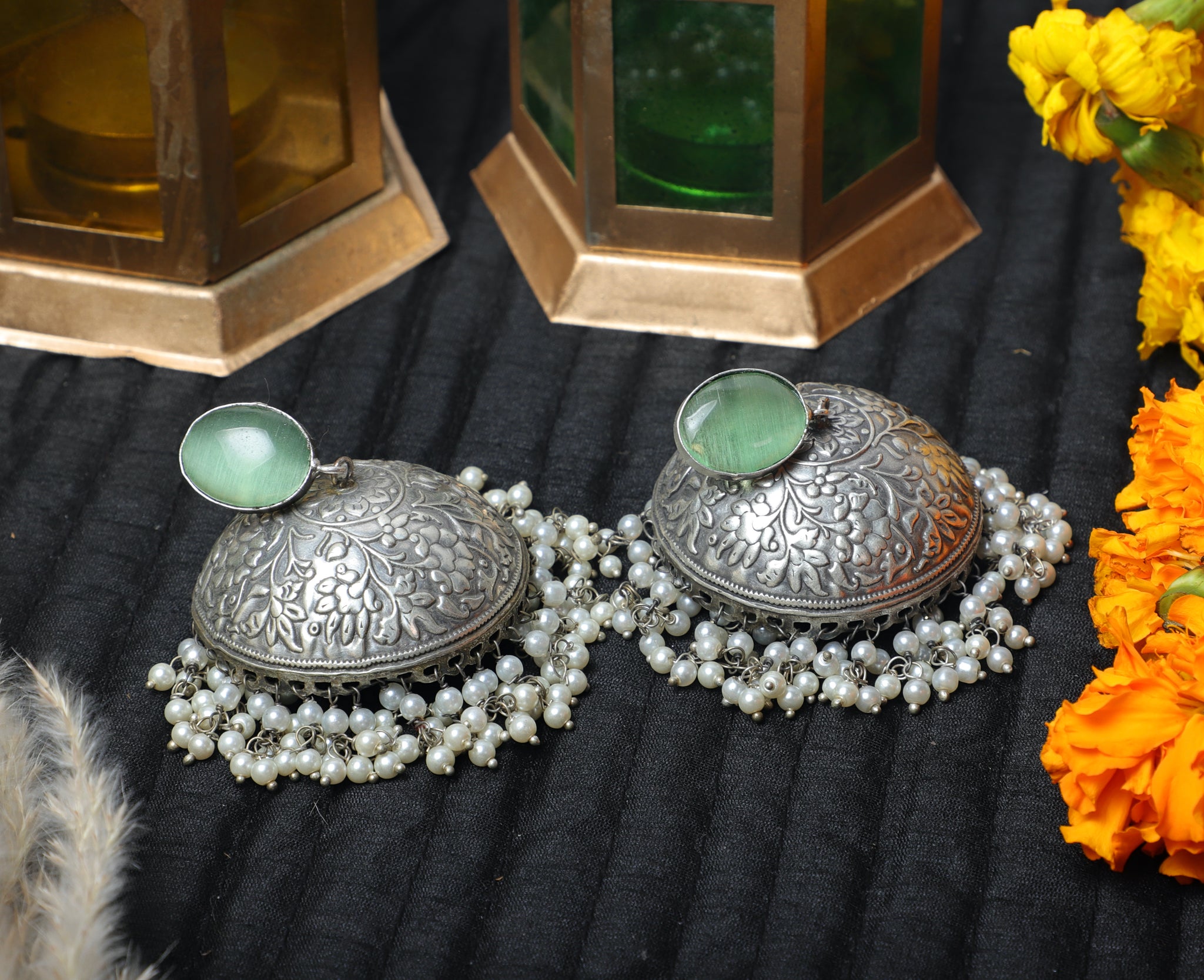 Green Alia Brass Jhumkas