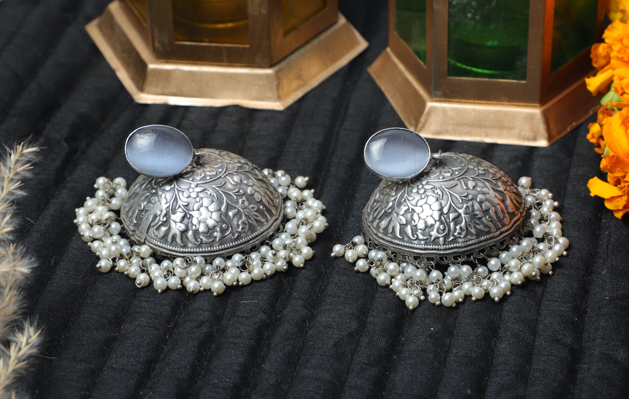 Blue Alia Brass Jhumkas