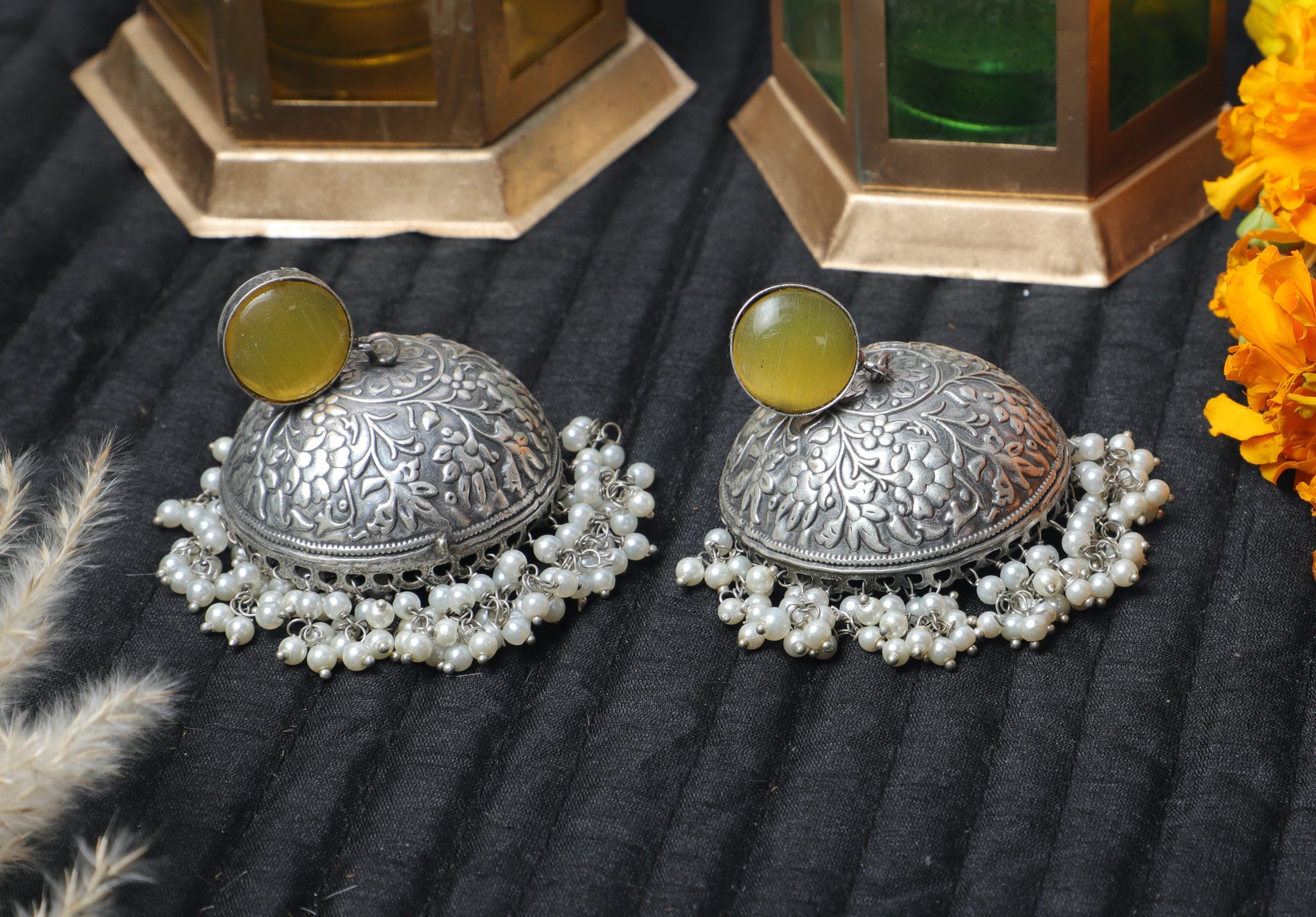Yellow Alia Brass Jhumkas