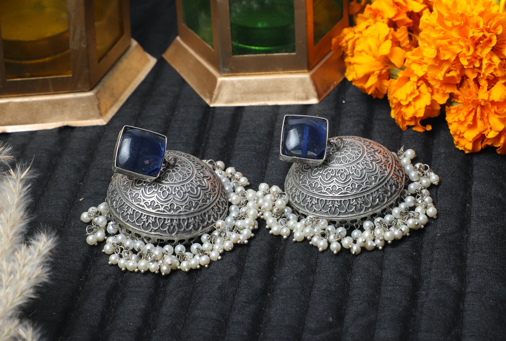 Sapphire Blue Alia Brass Jhumkas