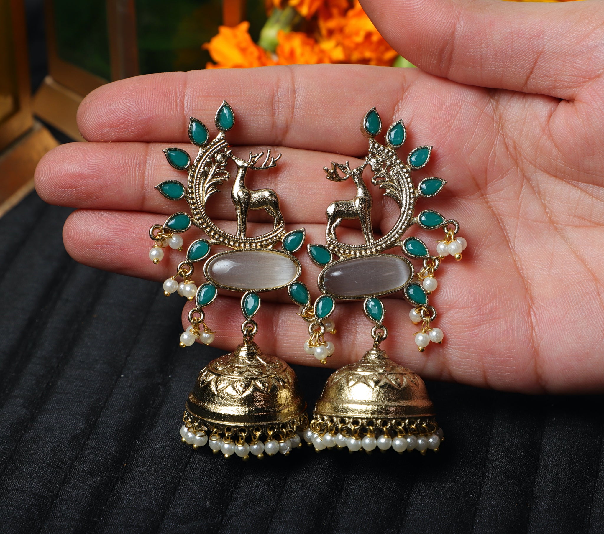 Green Meher Brass Jhumkas
