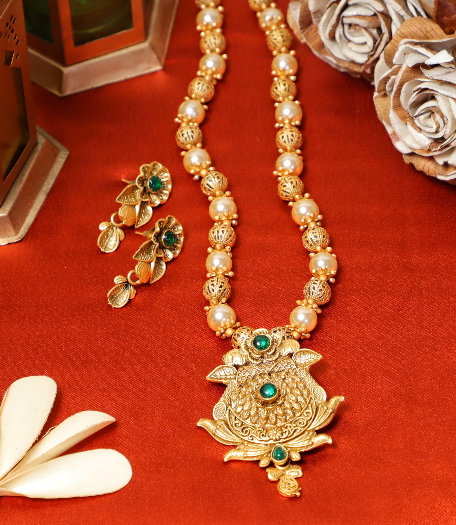 Golden Sohum Brass Temple Jewellery Set