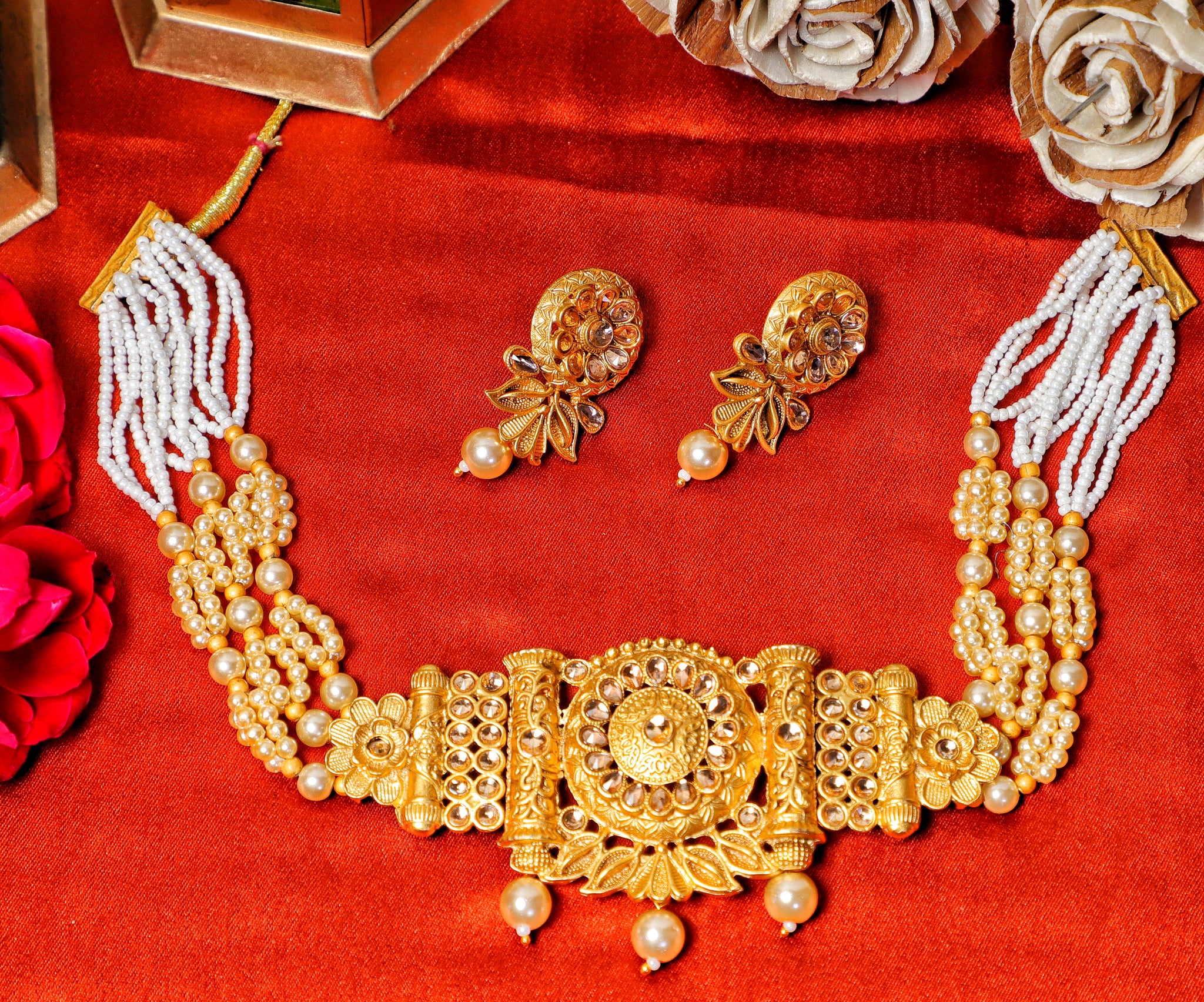 Golden Niharika Brass Temple Jewellery Set