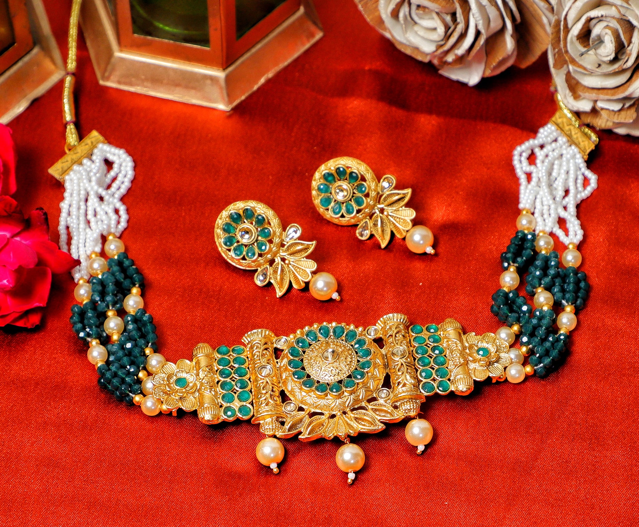 Green Niharika Brass Temple Jewellery Set