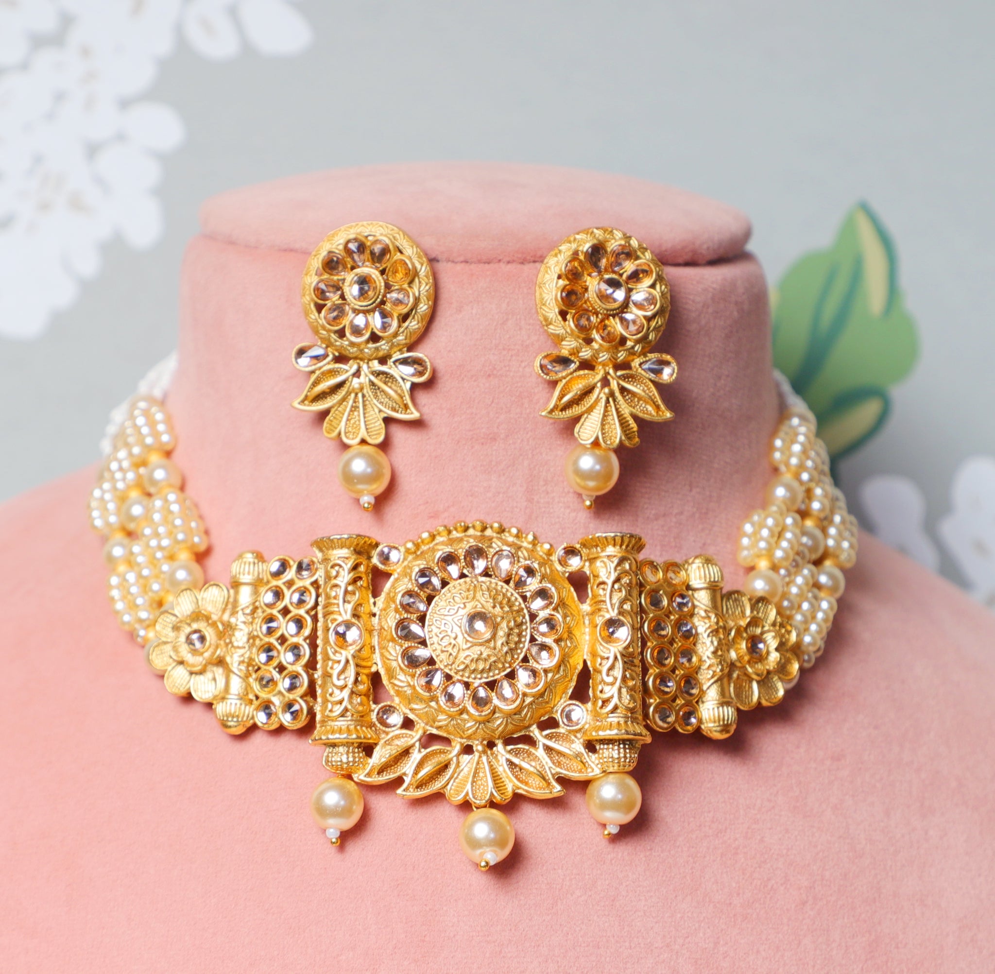 Golden Niharika Brass Temple Jewellery Set
