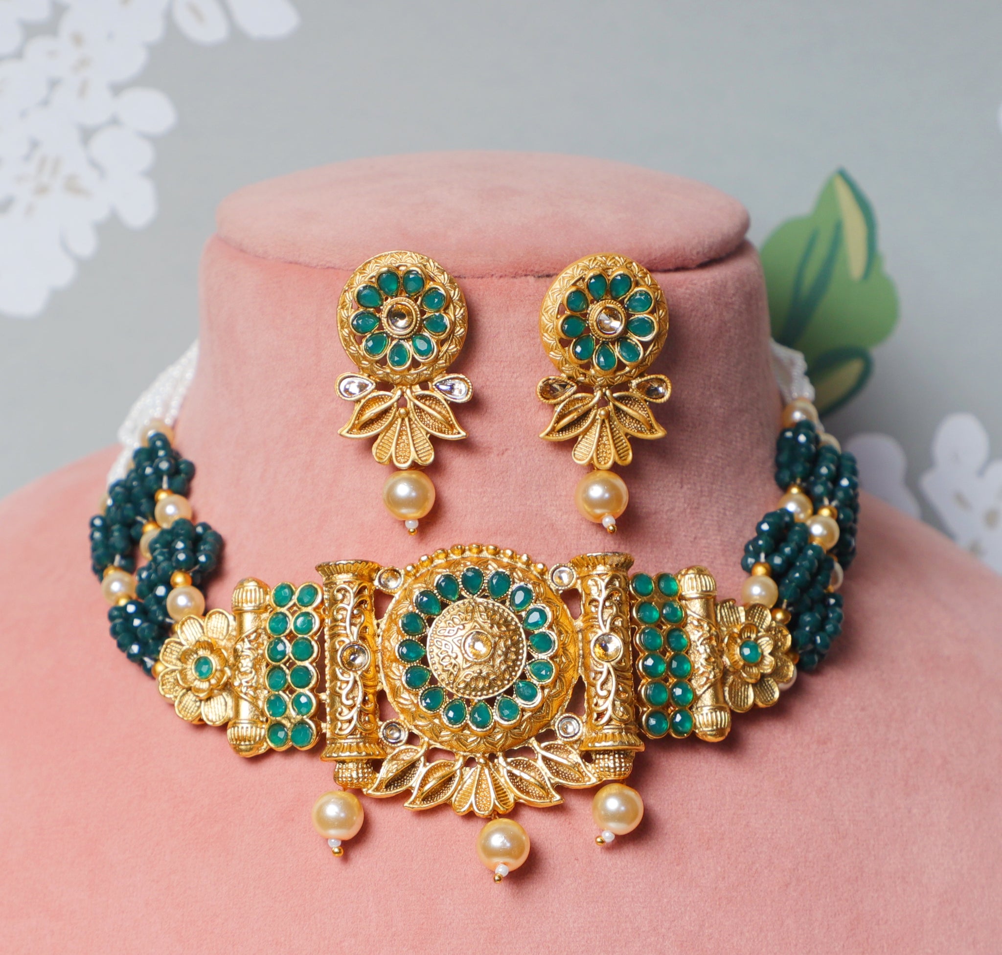 Green Niharika Brass Temple Jewellery Set