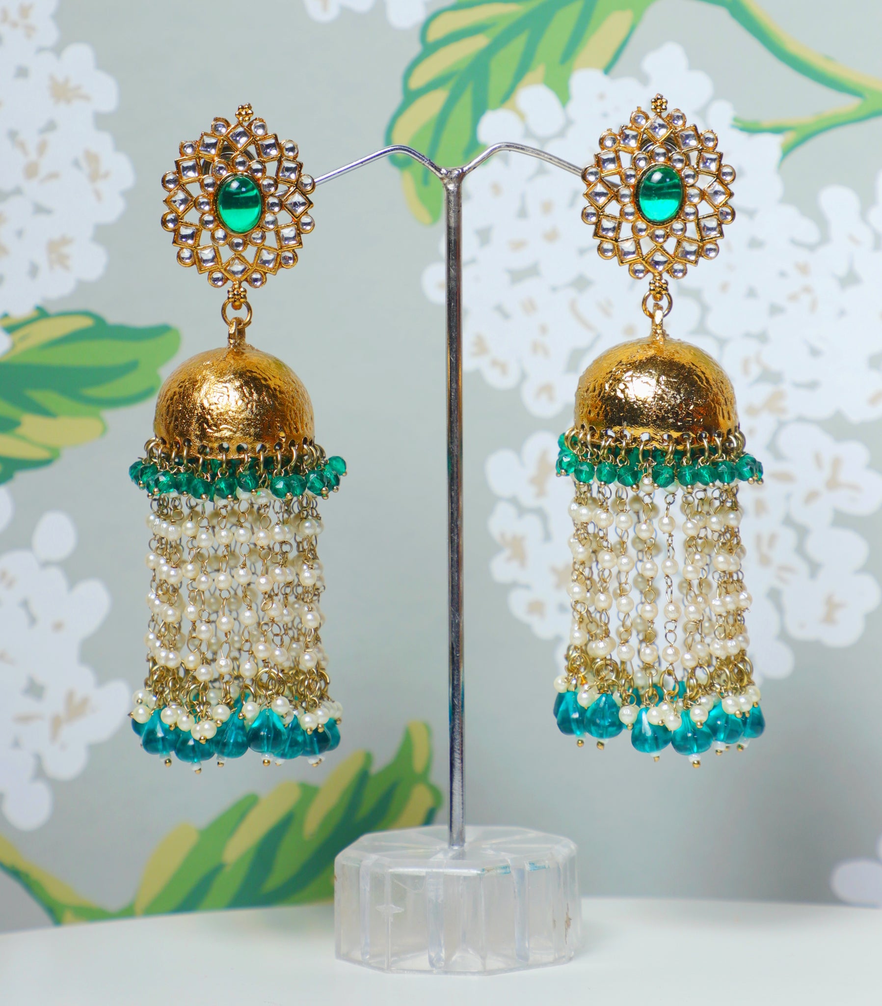 Green Kanika Gold Tassel Jhumkas